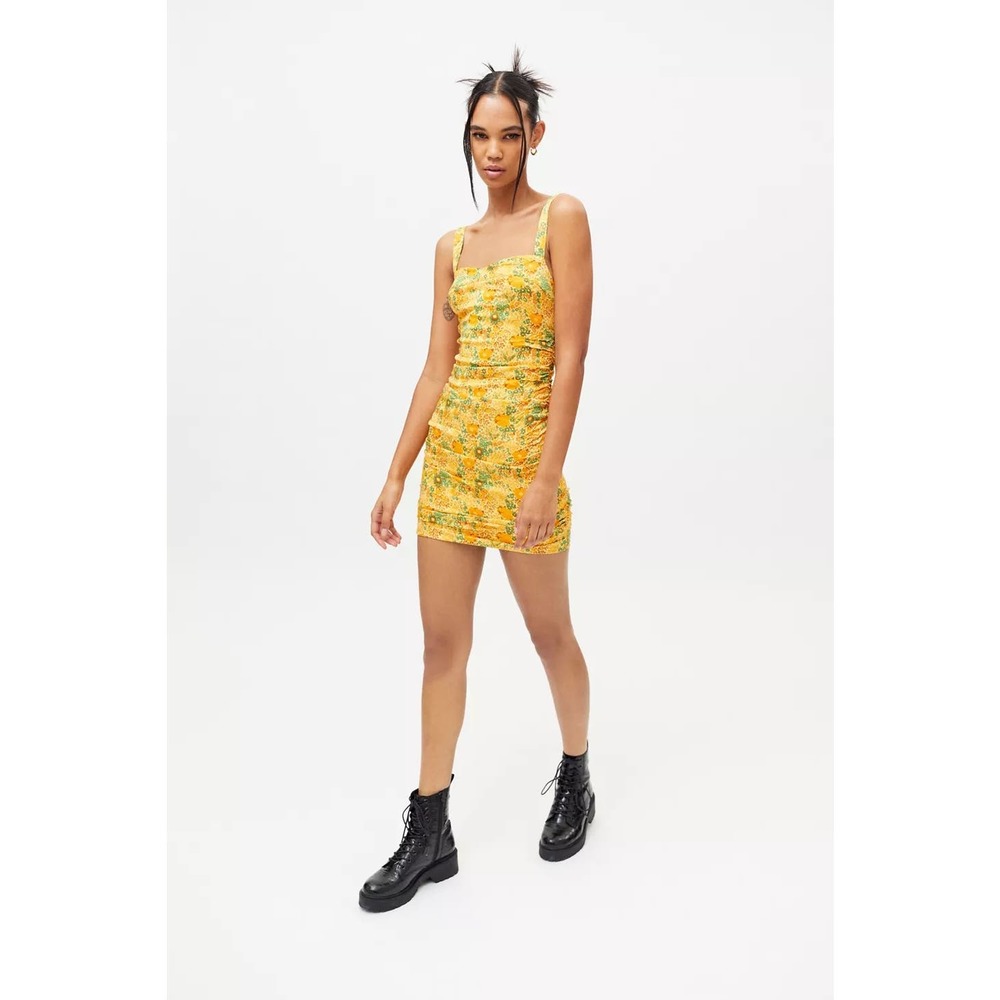 Urban Outfitters Yellow Floral Ruched Bodycon Mini Dress Size Small